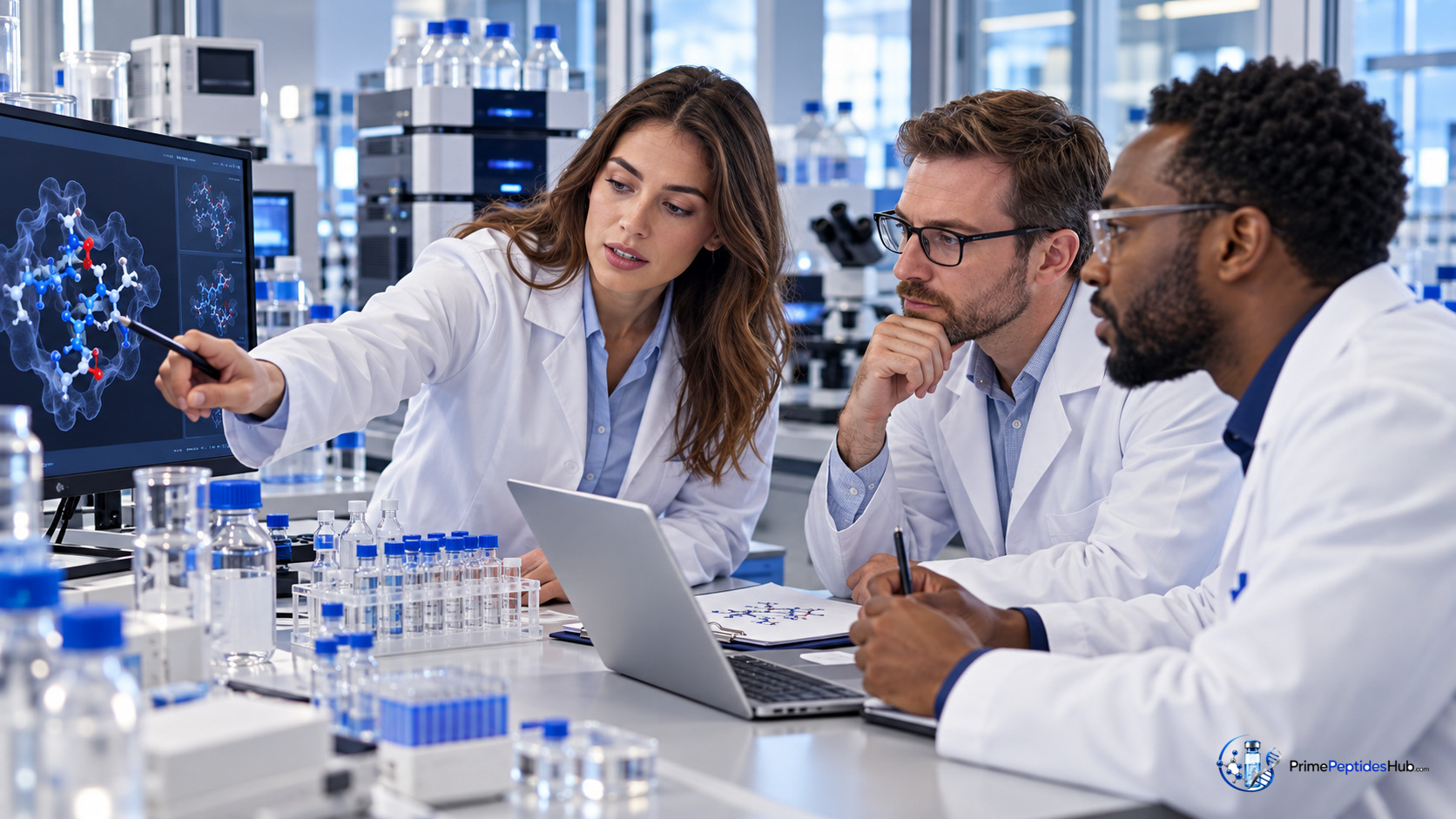 Équipe de recherche examinant des données sur les peptides et la documentation qualité dans un laboratoire moderne