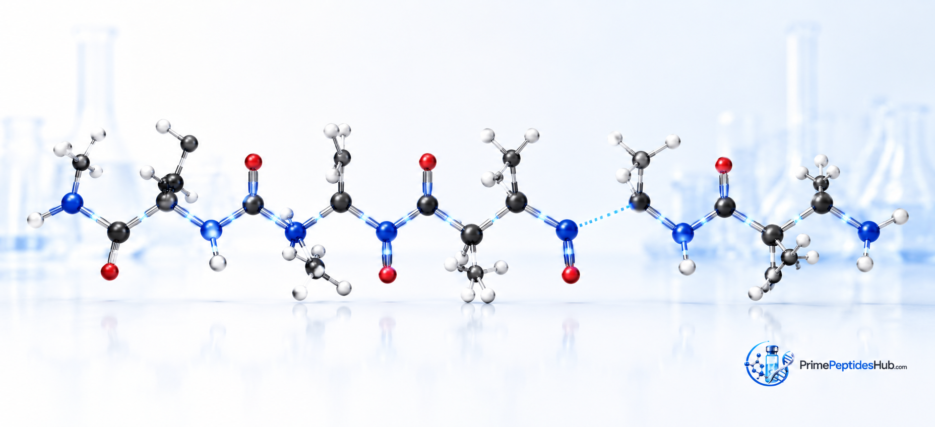 Educational diagram of amino-acid residues connected by highlighted peptide bonds with PrimePeptidesHub branding.