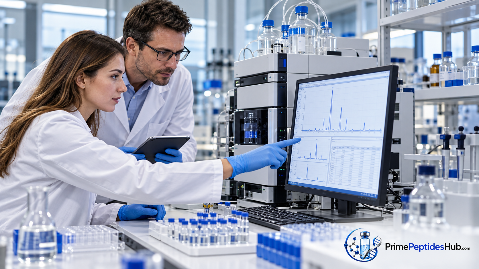 Laboratory scientists examining chromatography and molecular-analysis results related to CJC-1295, with PrimePeptidesHub branding.