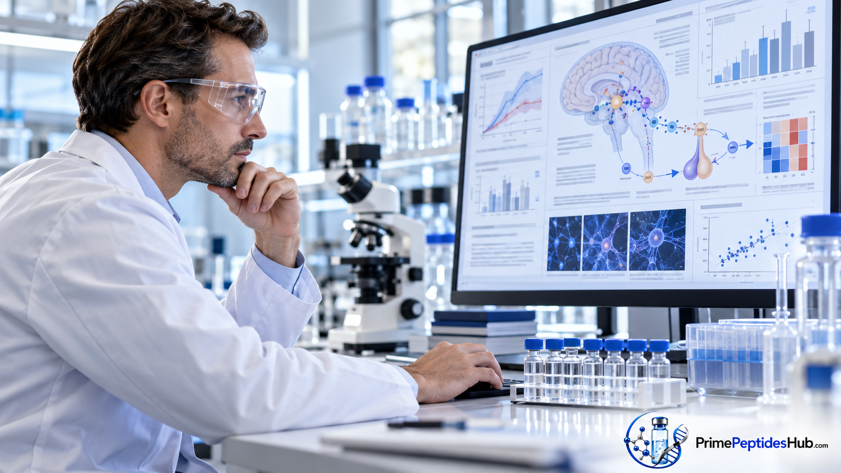 Research team reviewing sermorelin endocrine signaling evidence and laboratory quality documentation