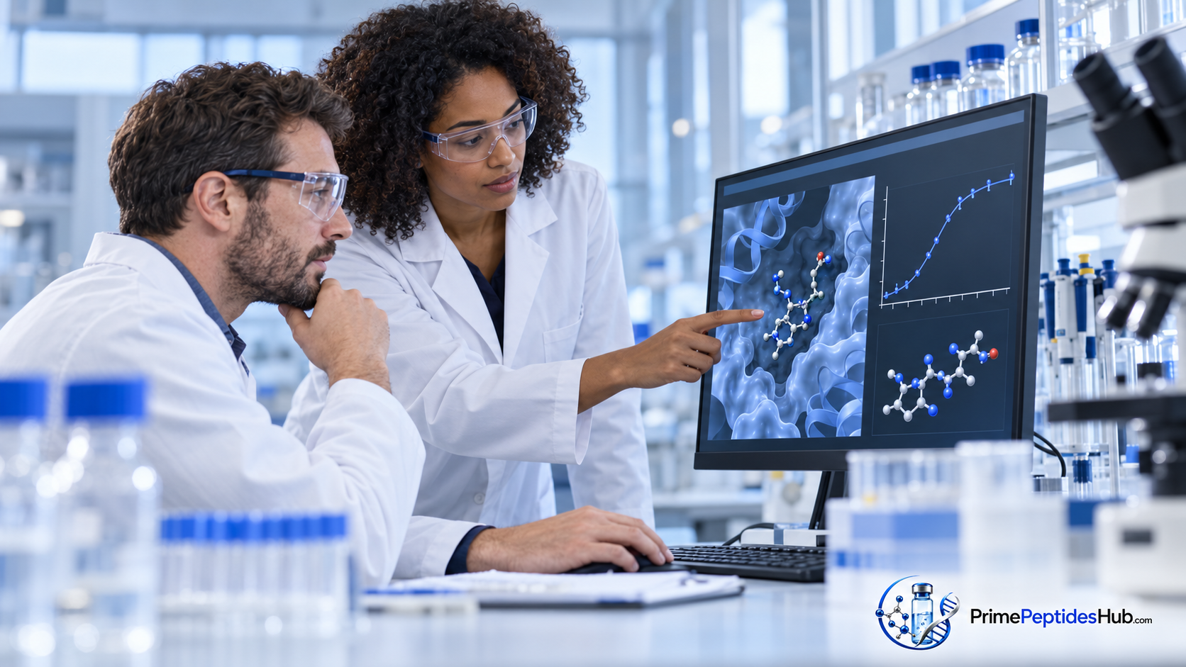 Des chercheurs biomédicaux examinent des données moléculaires et analytiques relatives à Ipamorelin dans un laboratoire moderne, avec la marque PrimePeptidesHub.