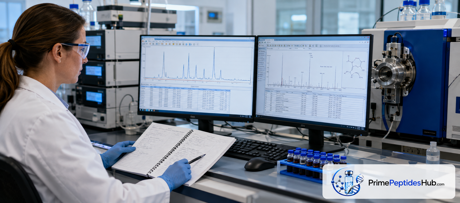 Wissenschaftlerin prüft ein Peptidchromatogramm neben einer HPLC-Anlage und Chargenproben, mit PrimePeptidesHub-Branding.
