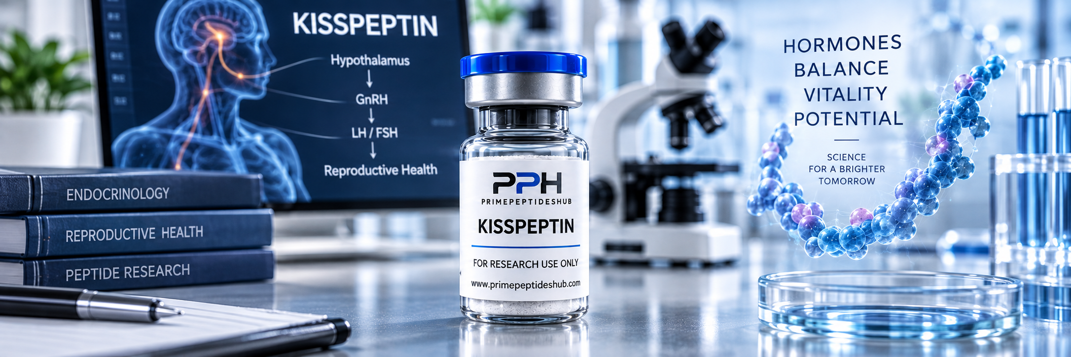 Scienziato in un laboratorio moderno esamina la ricerca su kisspeptina, KISS1R e ormoni riproduttivi.