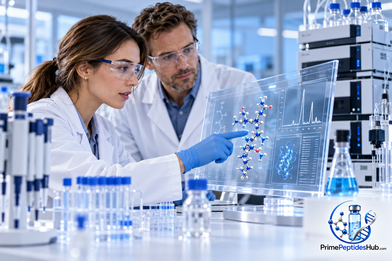 Des chercheurs biomédicaux examinent des données moléculaires et analytiques relatives à KPV dans un laboratoire moderne, avec la marque PrimePeptidesHub.