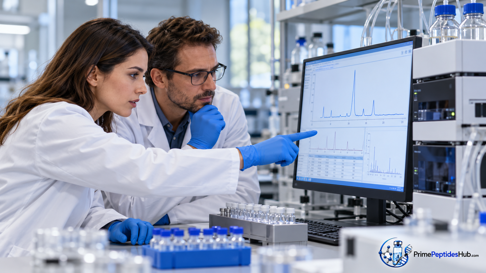 Team di laboratorio che esamina dati analitici dei peptidi e risultati cromatografici.