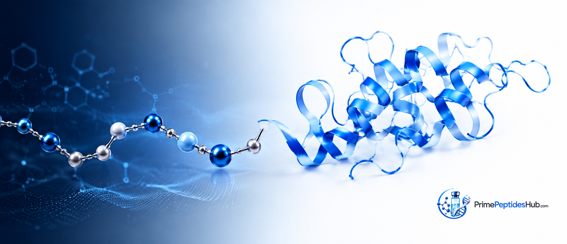 Chaîne peptidique moléculaire bleue évoluant vers une structure protéique repliée, avec l'identité PrimePeptidesHub.