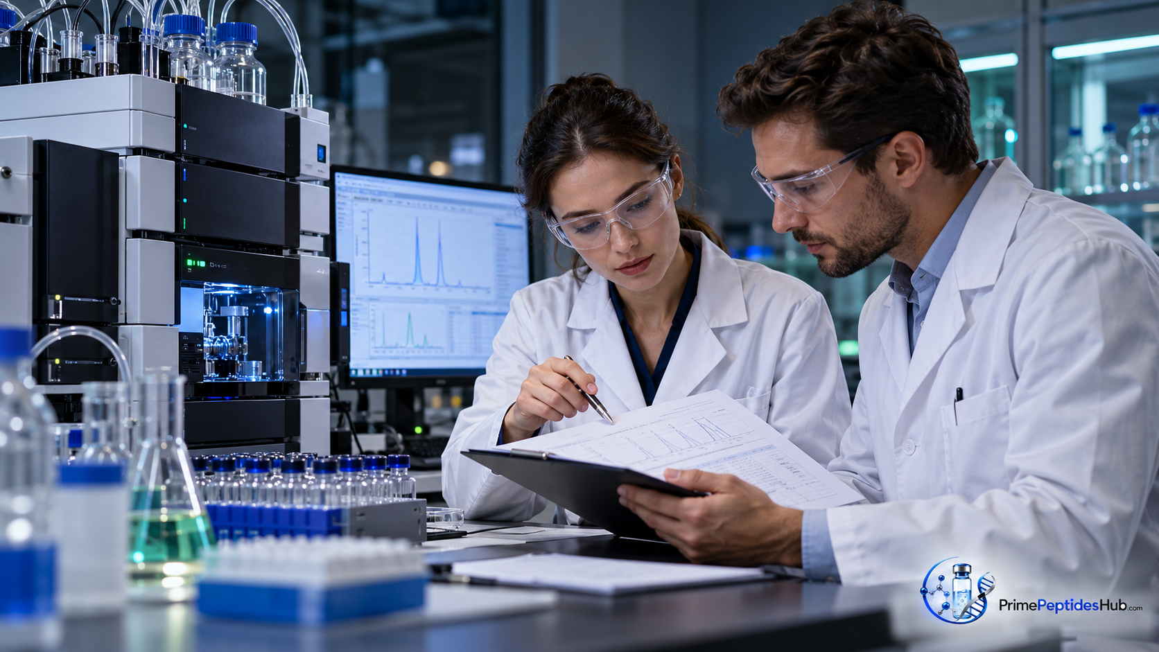 Laboratory analyst reviewing thymosin alpha-1 peptide identity and chromatographic quality data