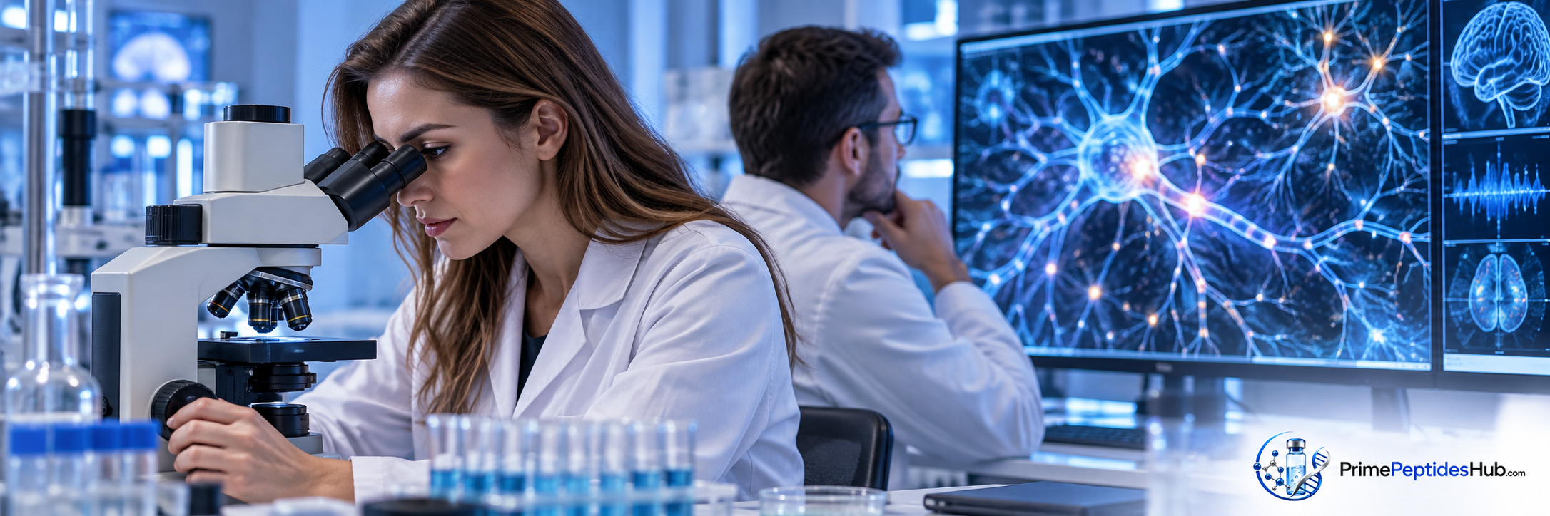 Des chercheurs biomédicaux examinent des données moléculaires et analytiques relatives à PT-141 dans un laboratoire moderne, avec la marque PrimePeptidesHub.