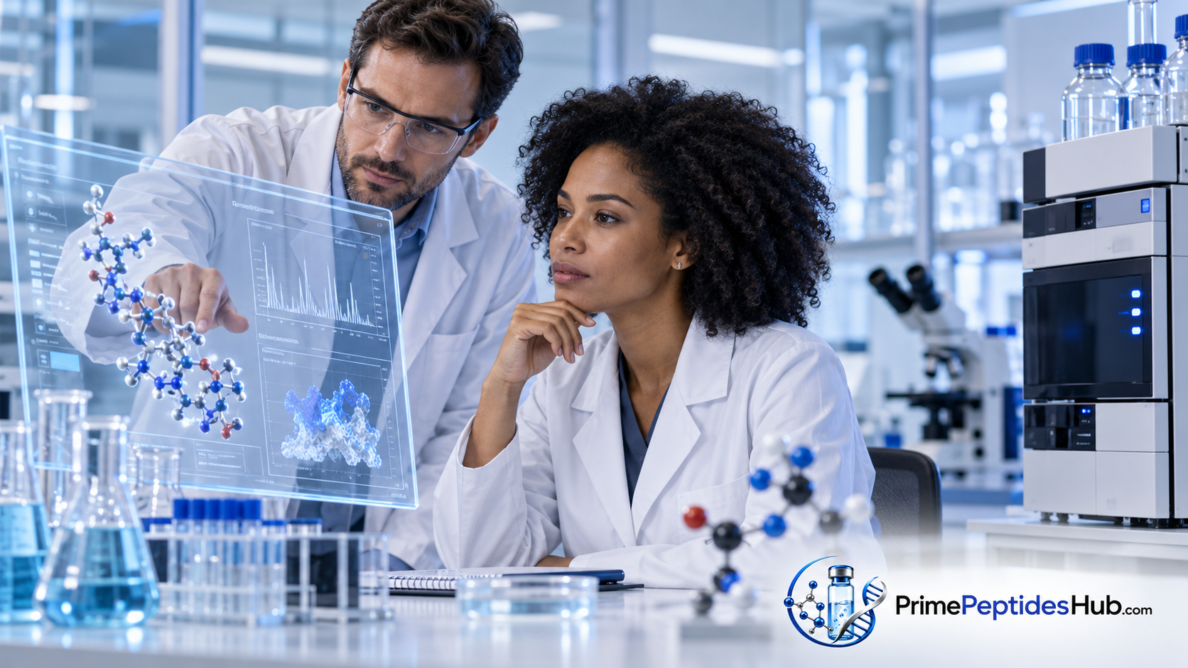 Des chercheurs biomédicaux examinent des données moléculaires et analytiques relatives à Semaglutide dans un laboratoire moderne, avec la marque PrimePeptidesHub.