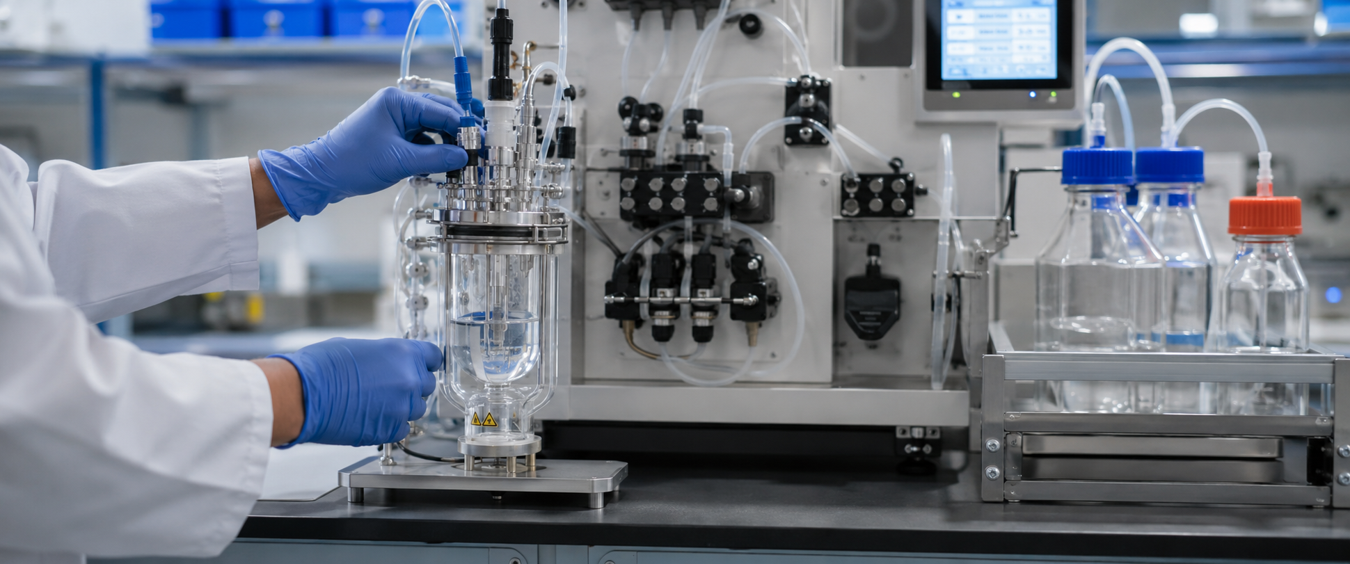 Tecnica di laboratorio con guanti che utilizza un recipiente di reazione in vetro collegato ad apparecchiature di ricerca automatizzate.