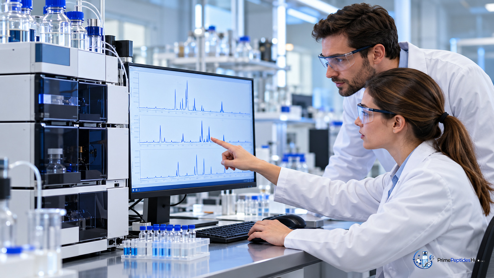 Chercheurs de laboratoire analysant des échantillons de peptide et des résultats de chromatographie pour la recherche métabolique