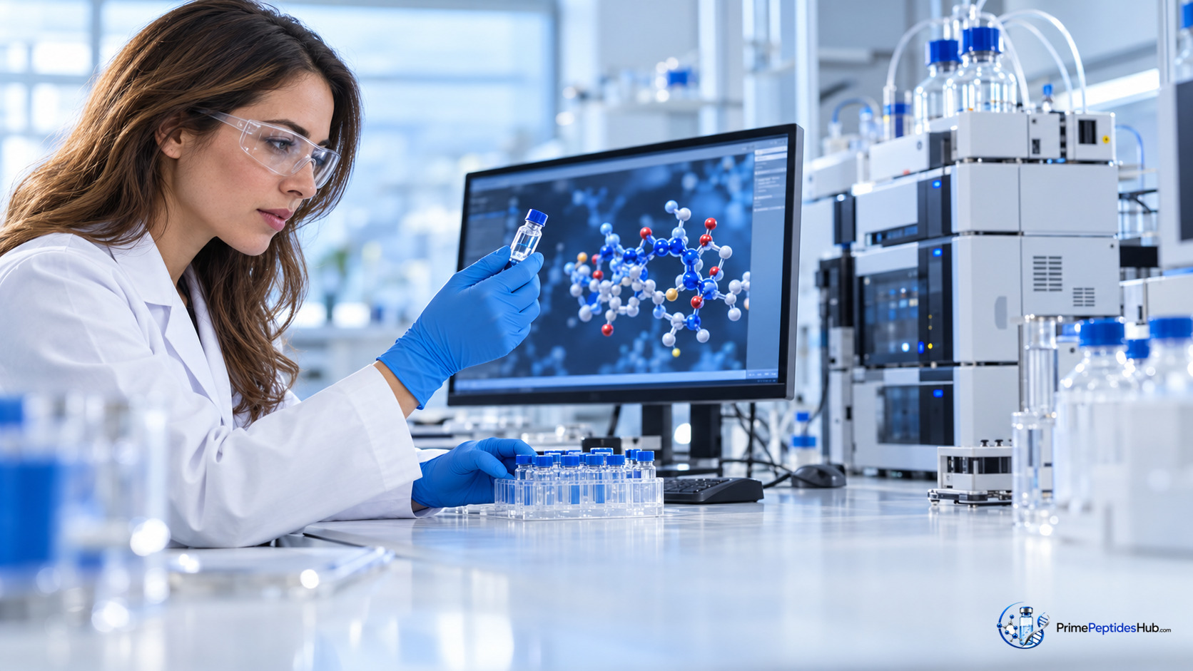 Scientifiques dans un laboratoire moderne examinant des données de recherche sur le peptide AOD-9604 à l écran