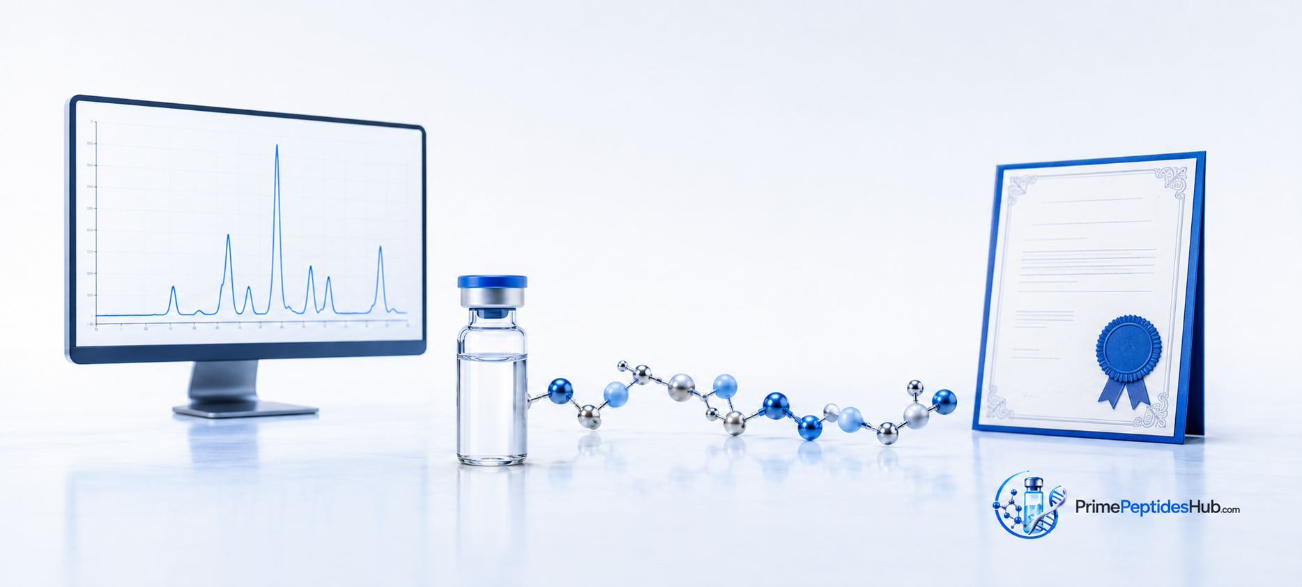 Research peptide vial beside a chromatogram and Certificate of Analysis document with PrimePeptidesHub branding.
