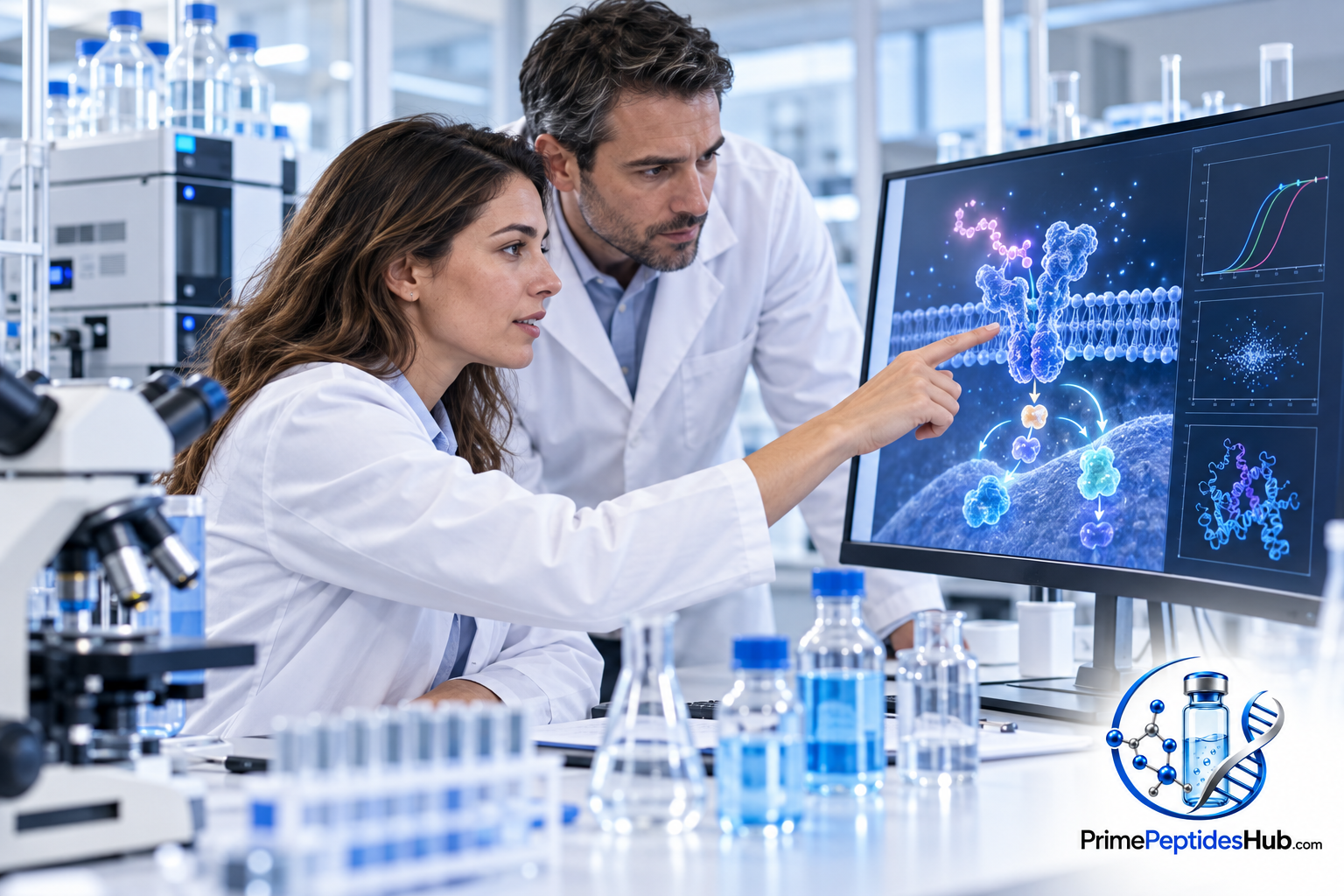 Des chercheurs biomédicaux examinent des données moléculaires et analytiques relatives à Tesamorelin dans un laboratoire moderne, avec la marque PrimePeptidesHub.