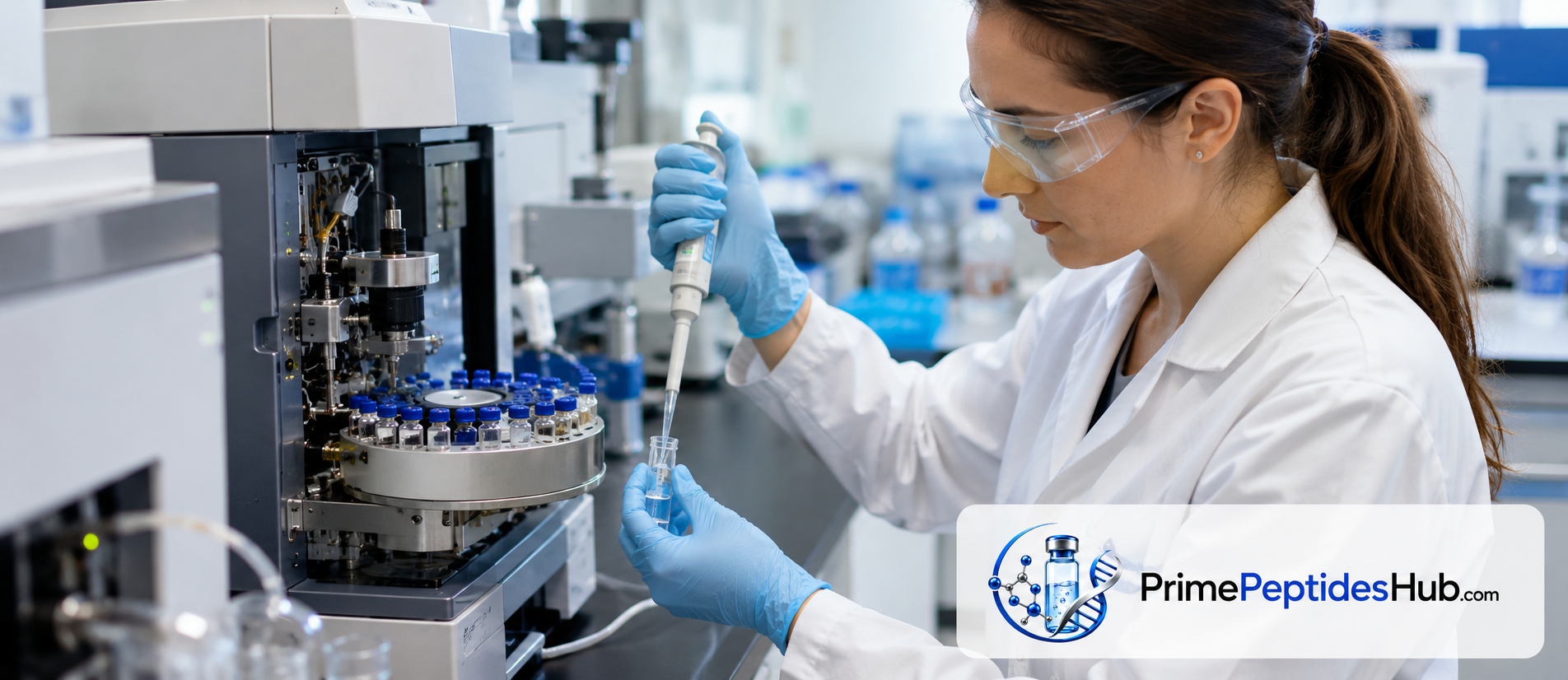 Laboratoire naturel de contrôle qualité des peptides avec une analyste examinant des données chromatographiques, et la marque PrimePeptidesHub.