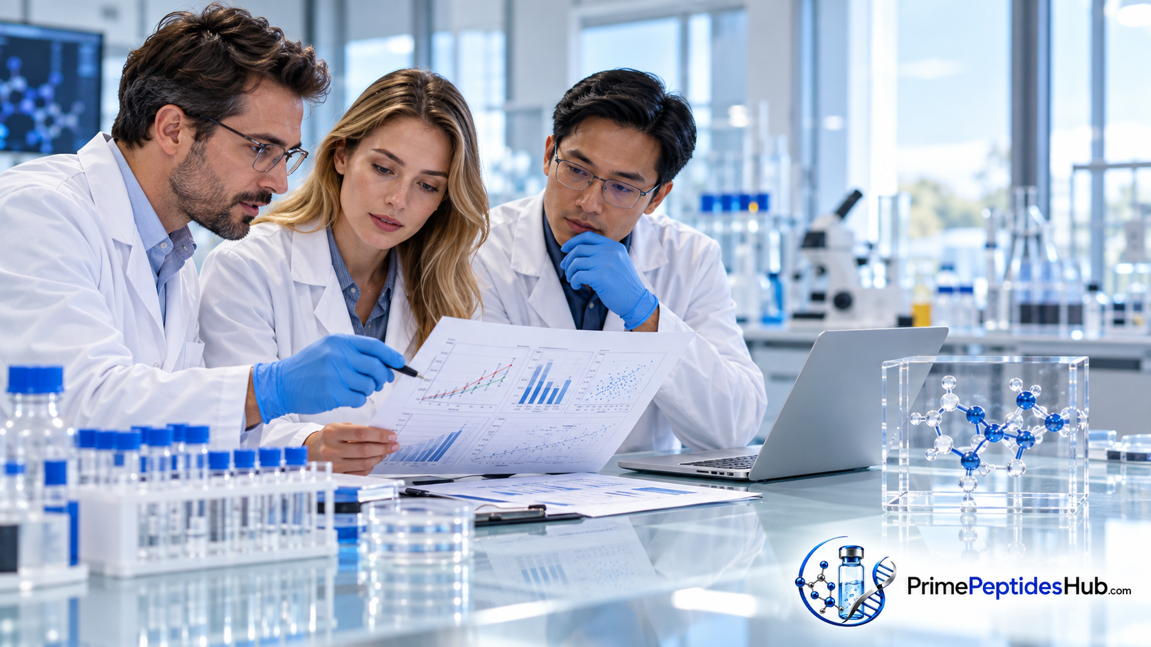 Research team discussing CJC-1295 study data and quality-control findings in a biomedical laboratory, with PrimePeptidesHub branding.