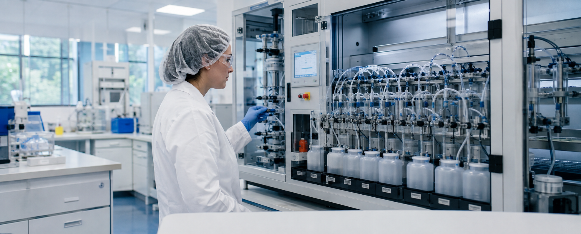 Chercheuse utilisant un équipement automatisé de production de peptides dans un laboratoire de recherche moderne.