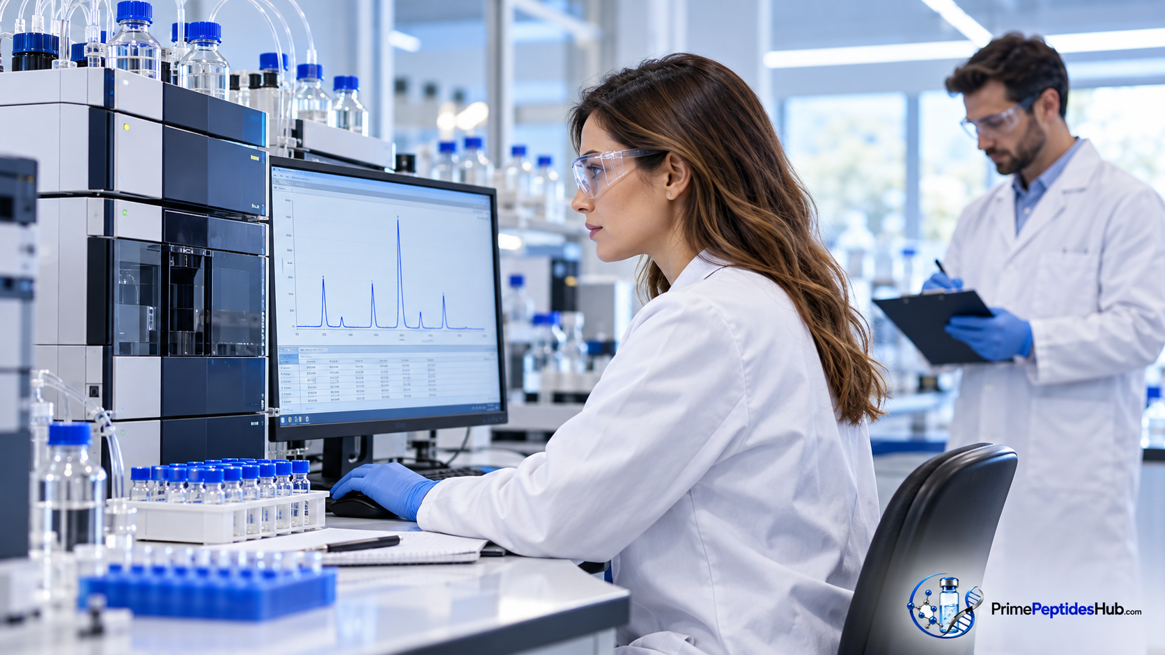 Laboratory researchers analysing SNAP-8 cosmetic peptide formulation and chromatography data