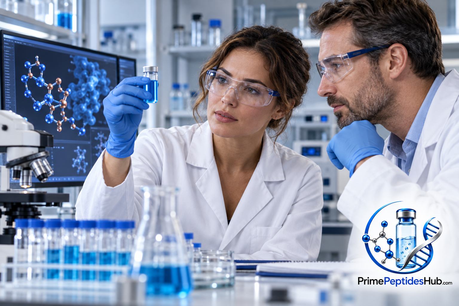 Des chercheurs biomédicaux examinent des données moléculaires et analytiques relatives à GHK-Cu dans un laboratoire moderne, avec la marque PrimePeptidesHub.