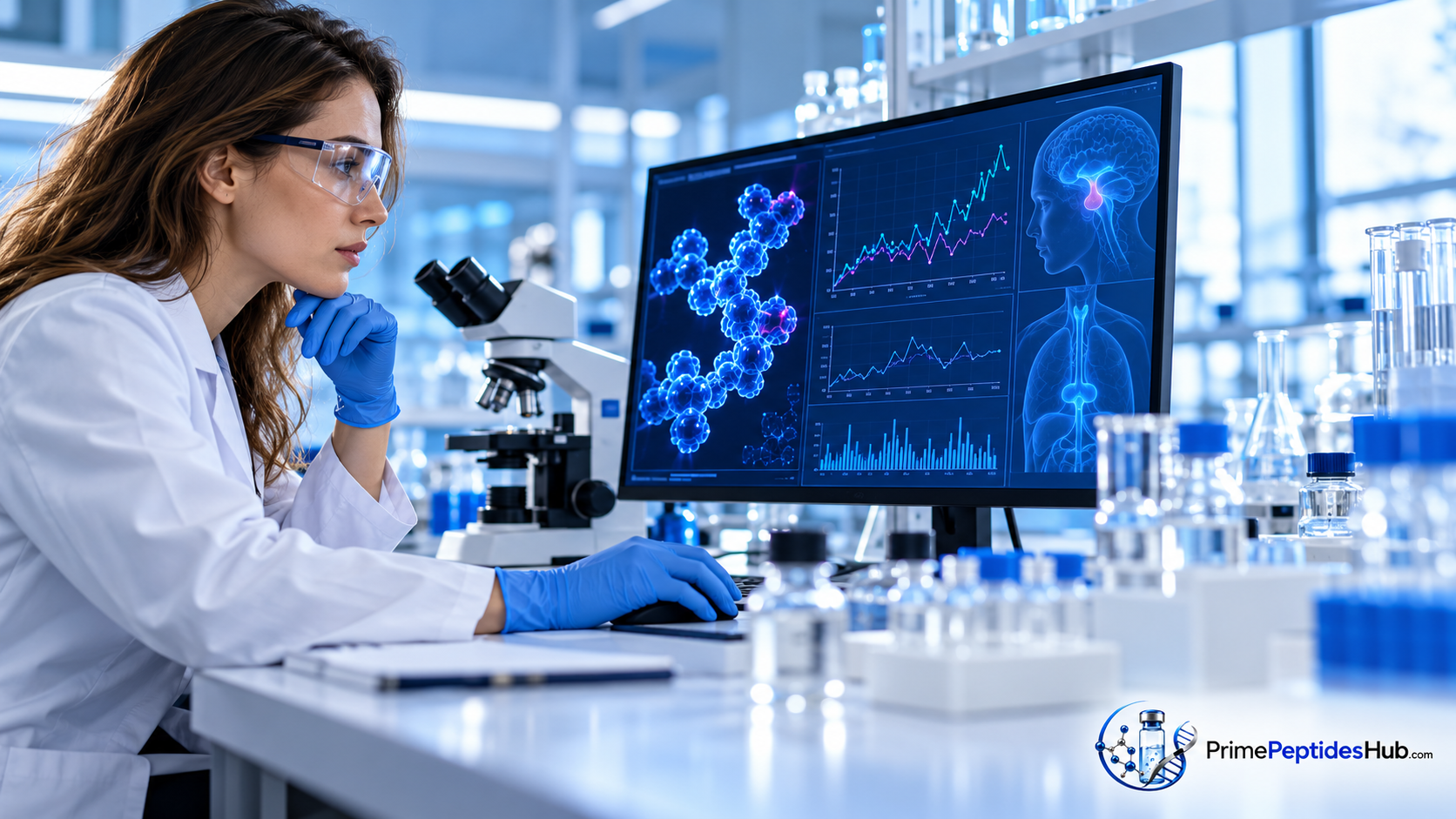 Scienziato in un laboratorio moderno che esamina dati di ricerca su GHRP-2 su un monitor.