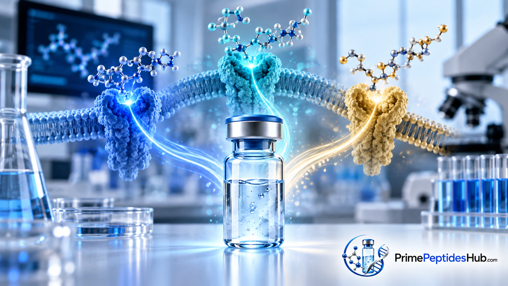 Des chercheurs biomédicaux examinent des données moléculaires et analytiques relatives à Retatrutide dans un laboratoire moderne, avec la marque PrimePeptidesHub.