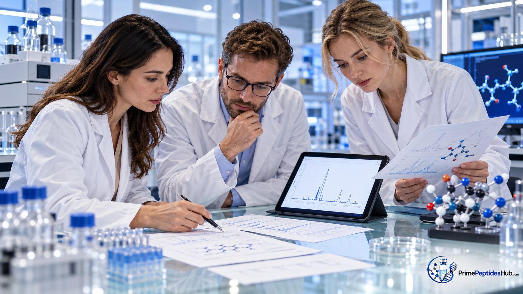 Cosmetic research team reviewing SNAP-8 peptide identity and quality documentation in a laboratory