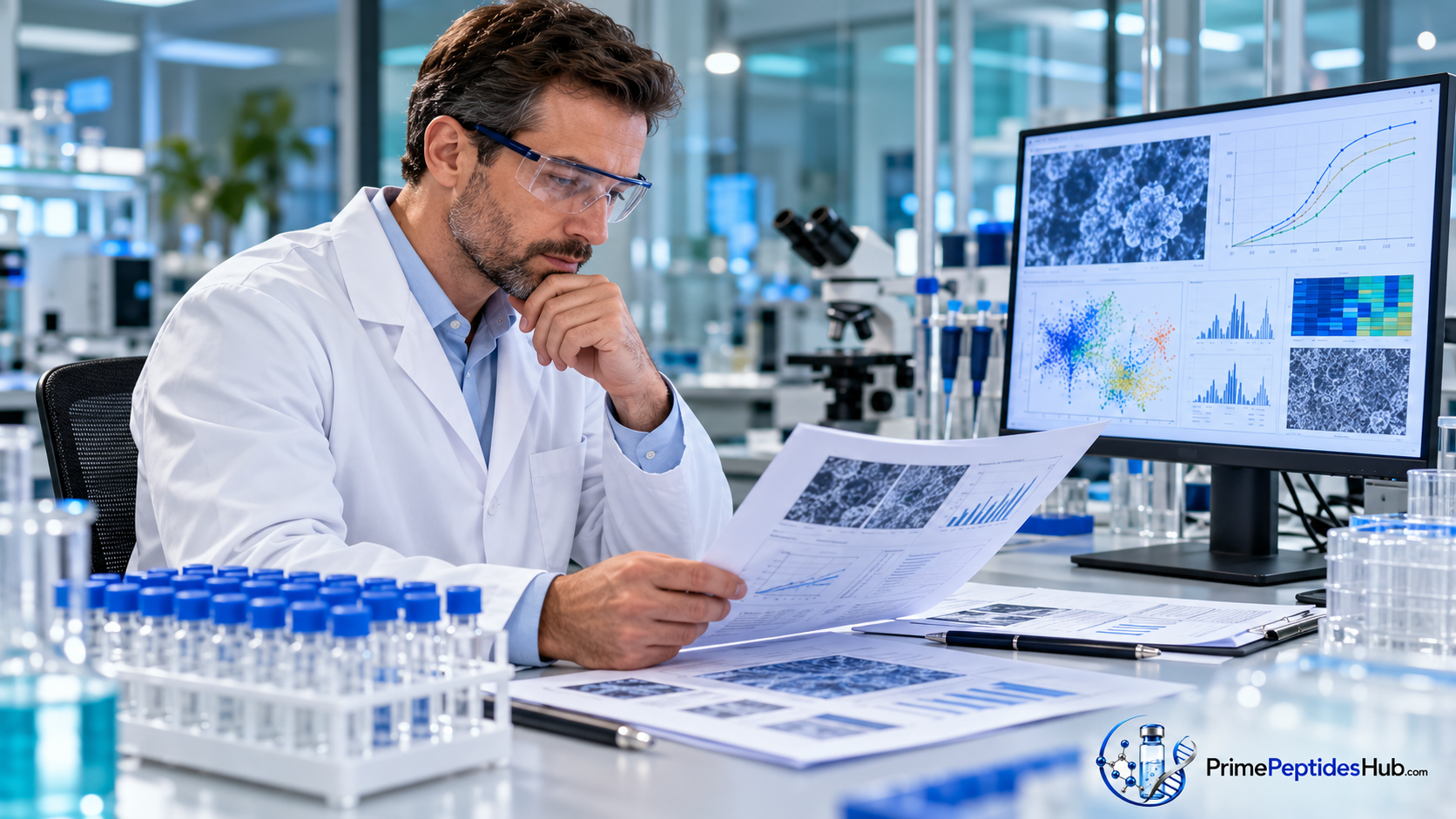 Research team reviewing thymosin alpha-1 clinical evidence and peptide quality documentation in a laboratory