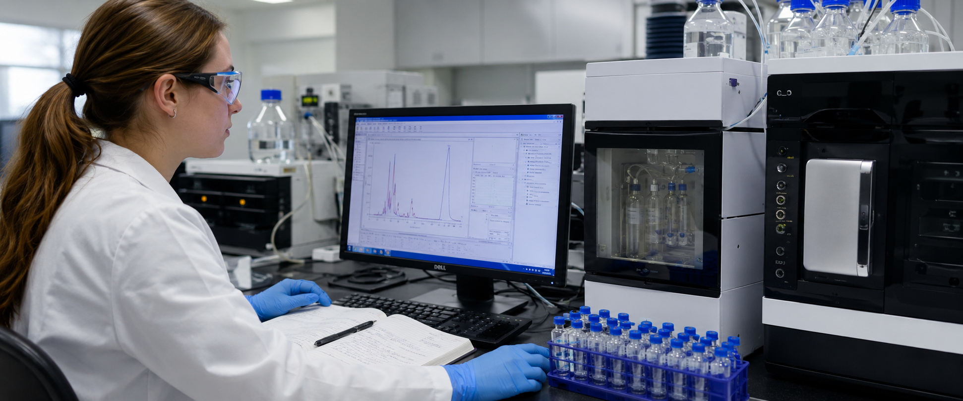 Ricercatrice di laboratorio che esamina un cromatogramma accanto a strumenti analitici e fiale di campione.