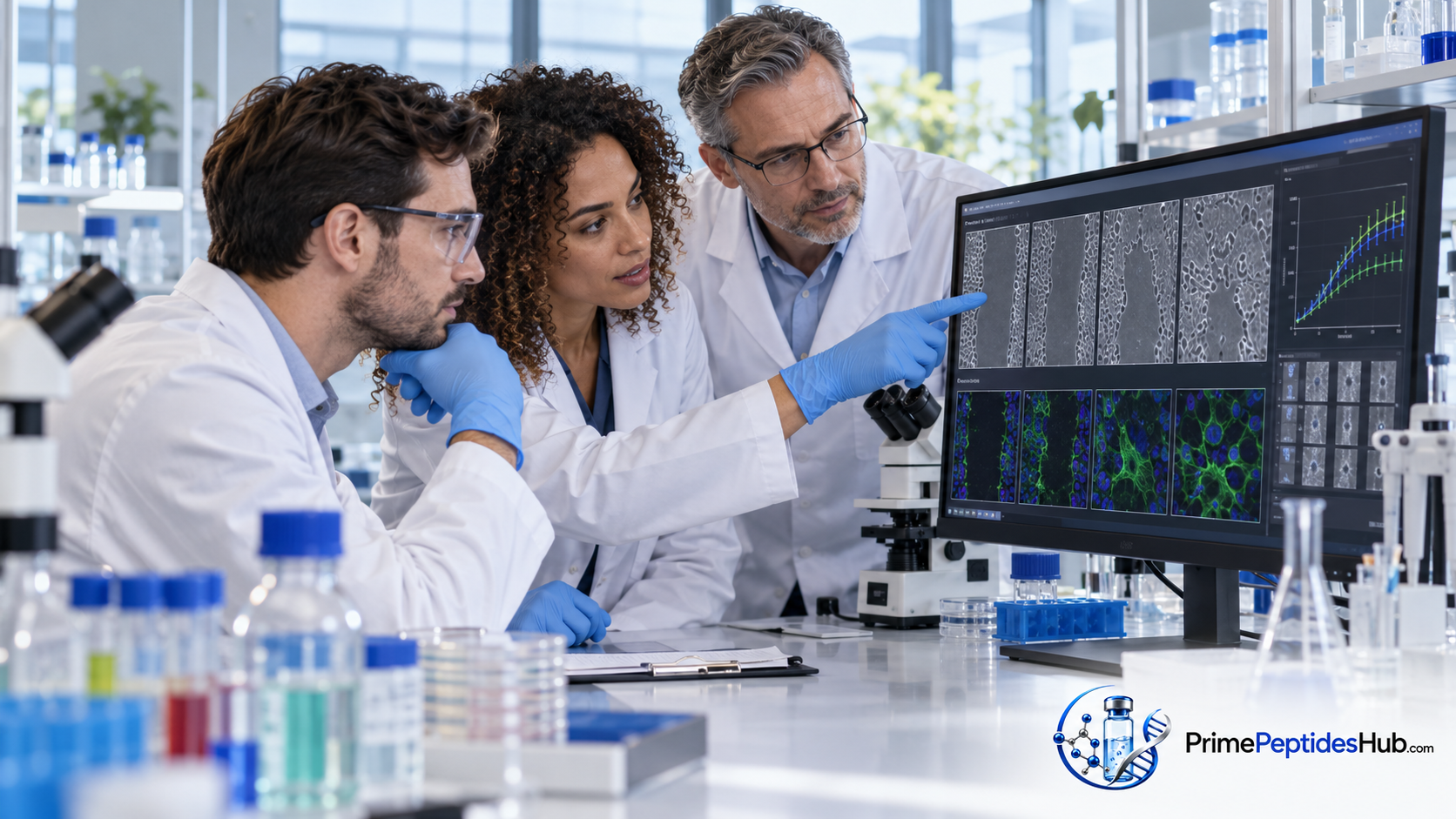 Des chercheurs biomédicaux examinent des données moléculaires et analytiques relatives à TB-500 dans un laboratoire moderne, avec la marque PrimePeptidesHub.