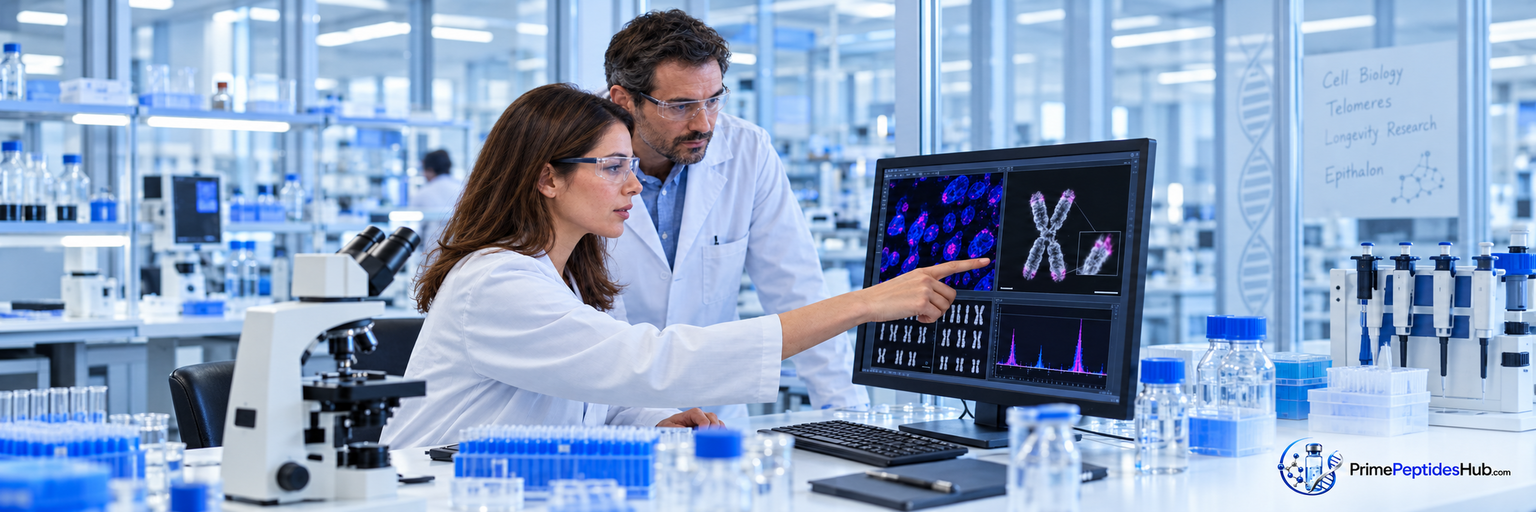 Des chercheurs biomédicaux examinent des données moléculaires et analytiques relatives à Epithalon dans un laboratoire moderne, avec la marque PrimePeptidesHub.