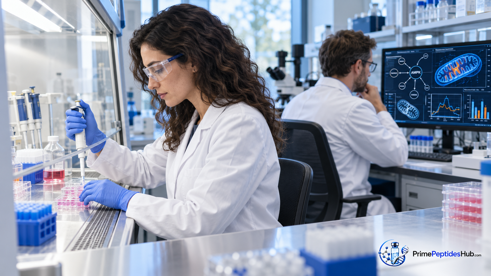 Des chercheurs biomédicaux examinent des données moléculaires et analytiques relatives à MOTS-c dans un laboratoire moderne, avec la marque PrimePeptidesHub.