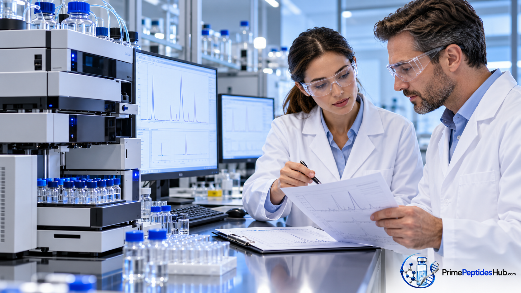 Laboratory researchers examining peptide samples and chromatography data for sermorelin research