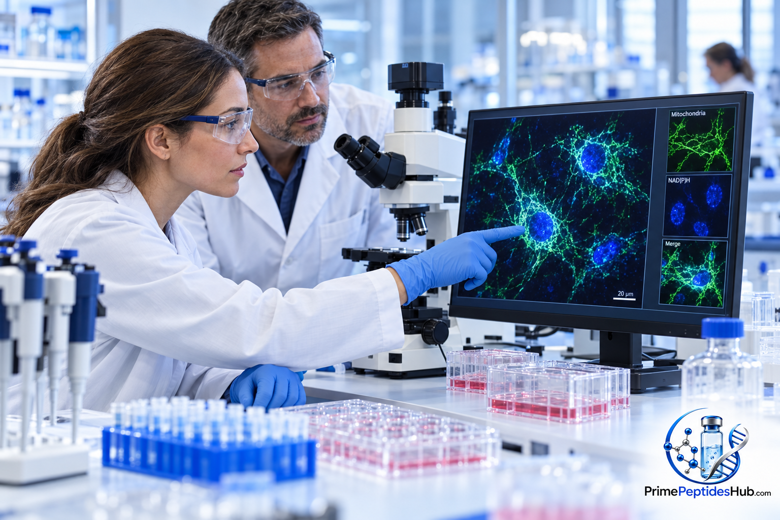 Des chercheurs biomédicaux examinent des données moléculaires et analytiques relatives à NAD+ dans un laboratoire moderne, avec la marque PrimePeptidesHub.