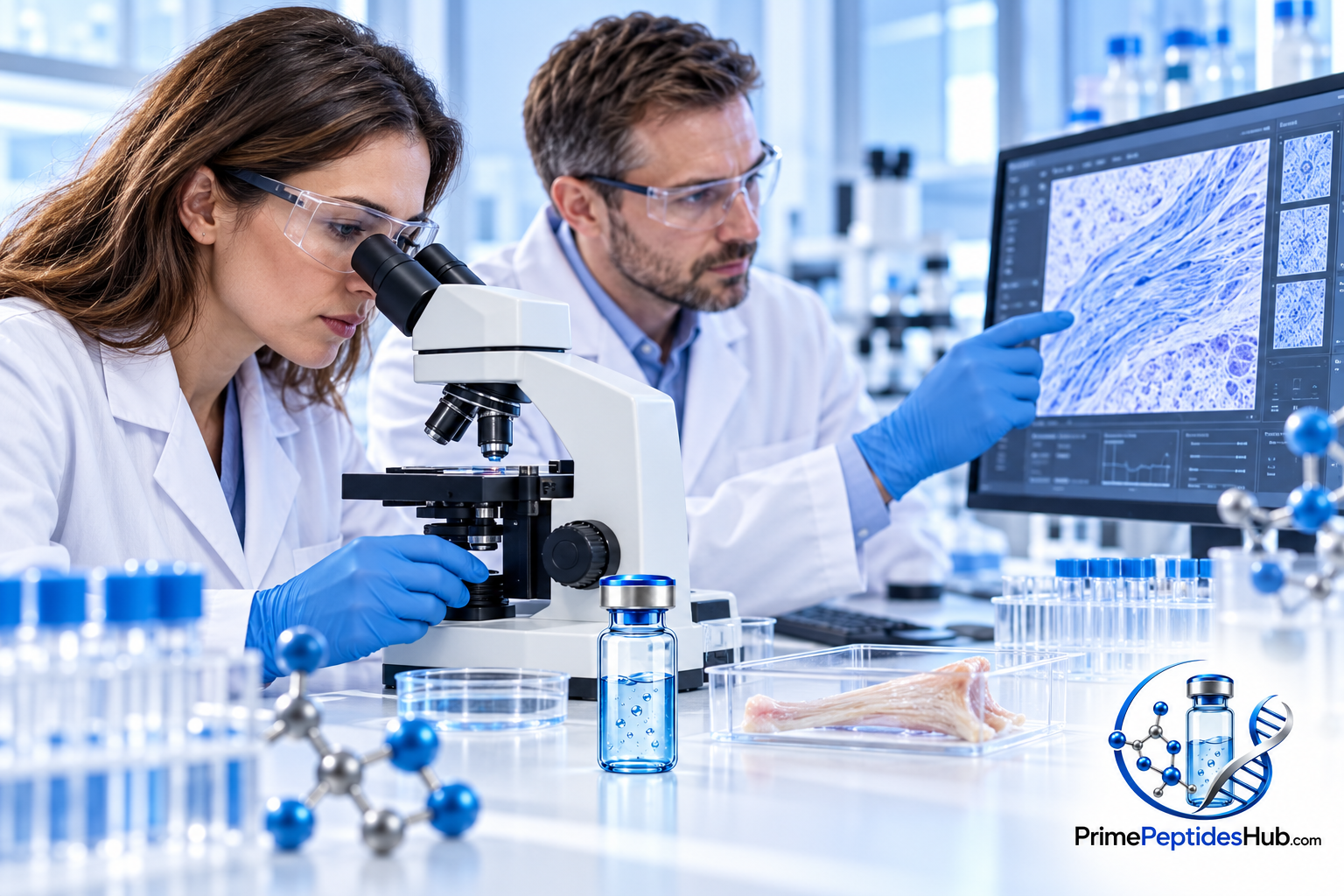 Des chercheurs biomédicaux examinent des données moléculaires et analytiques relatives à BPC-157 dans un laboratoire moderne, avec la marque PrimePeptidesHub.