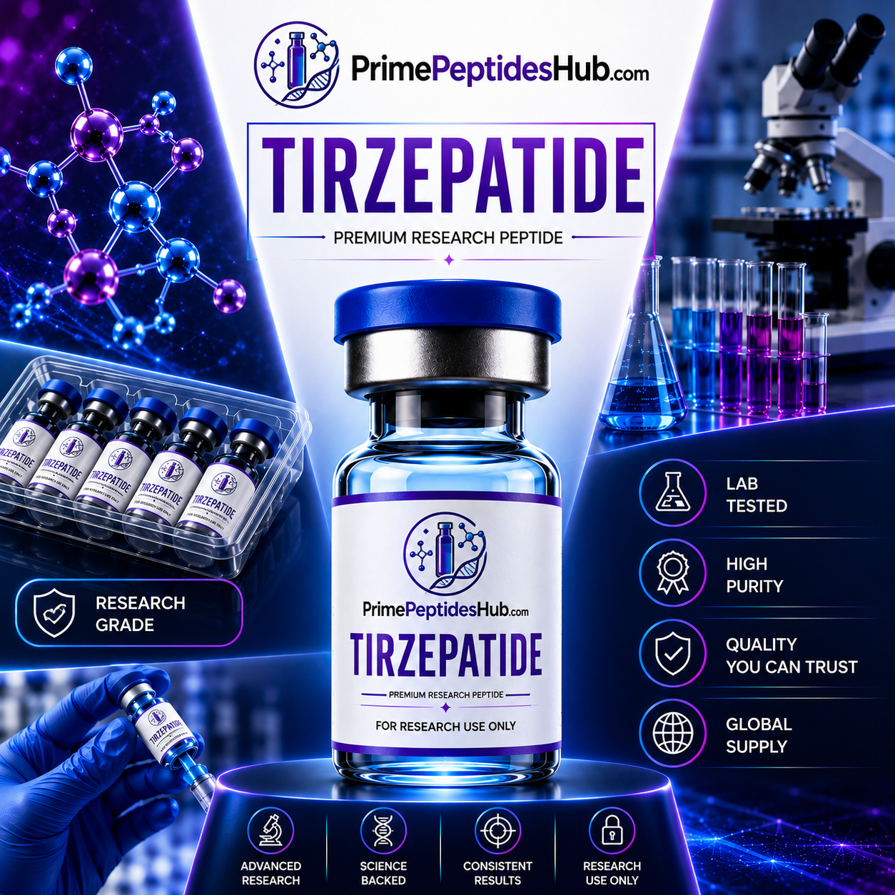 Tirzepatide 60 mg research peptide lyophilized vial from PrimePeptidesHub