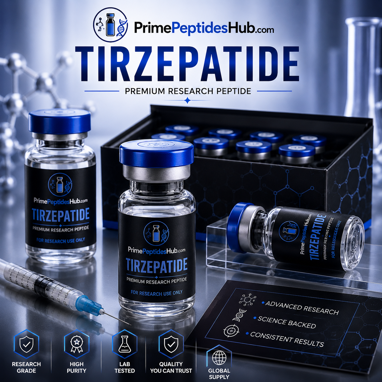 Tirzepatide 60 mg research peptide lyophilized vial from PrimePeptidesHub