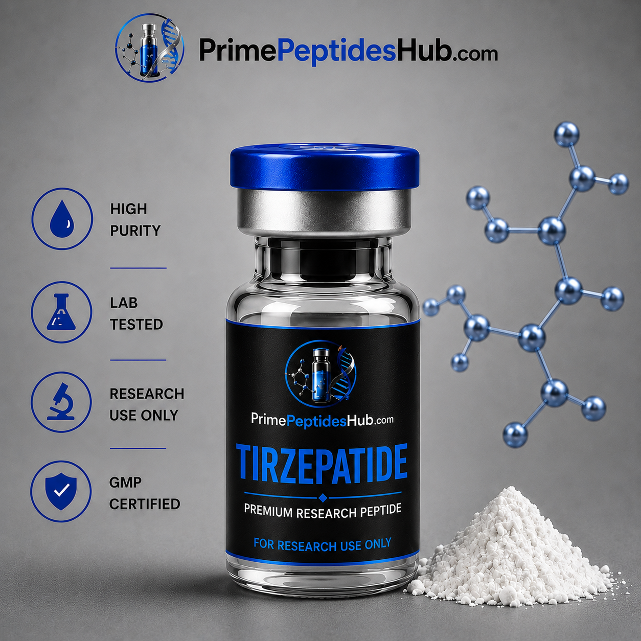 Tirzepatide 60 mg research peptide lyophilized vial from PrimePeptidesHub
