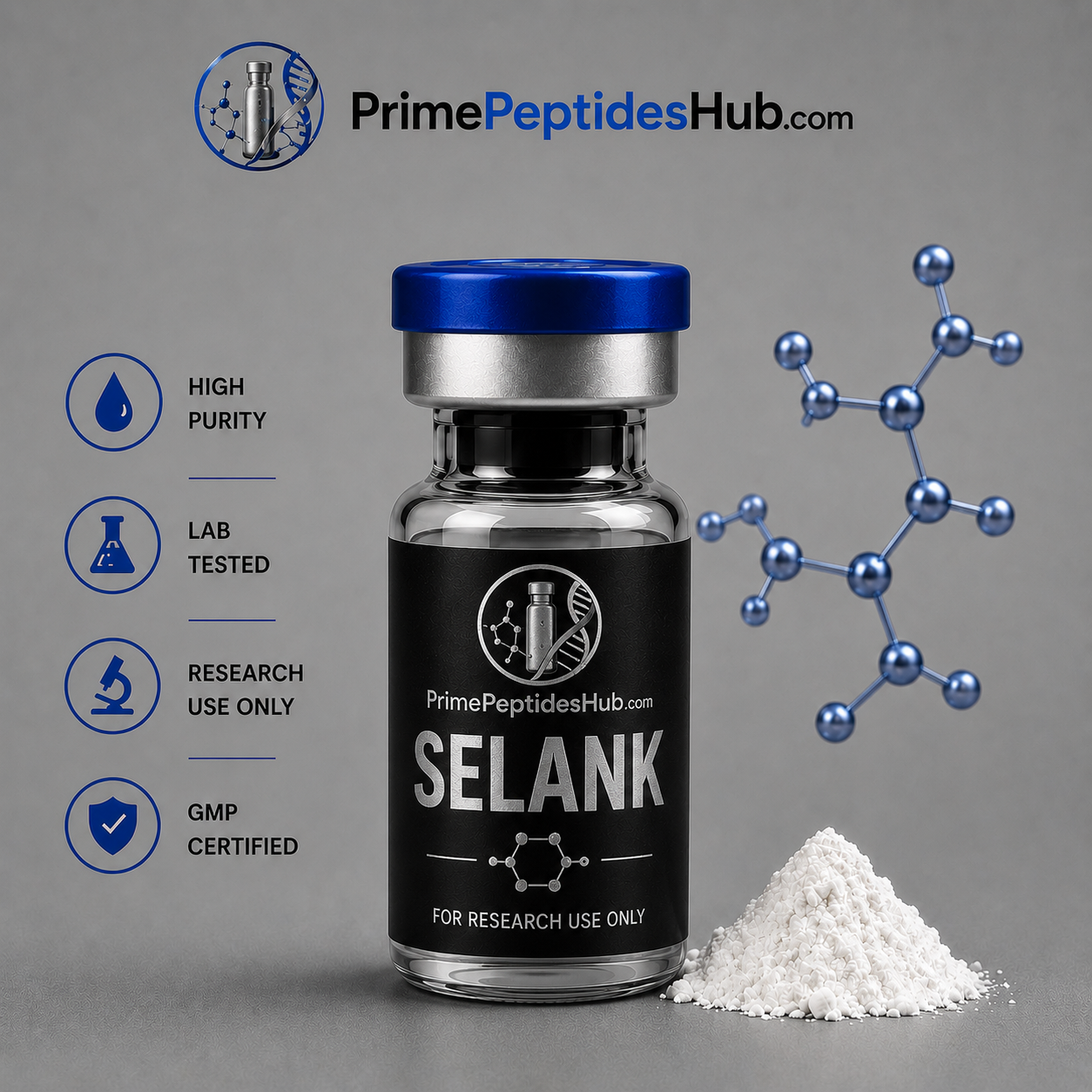 Selank 10 mg research peptide sealed vial from PrimePeptidesHub
