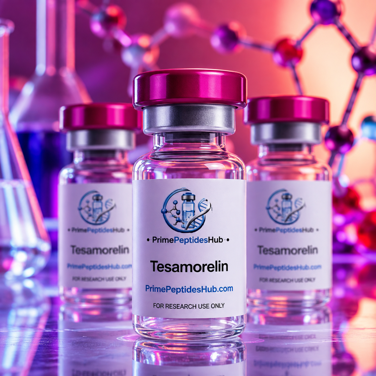 Tesamorelin 10 mg research peptide lyophilized vial from PrimePeptidesHub