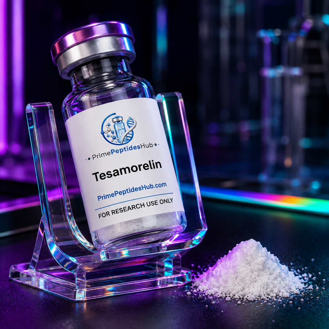 Tesamorelin 10 mg research peptide lyophilized vial from PrimePeptidesHub
