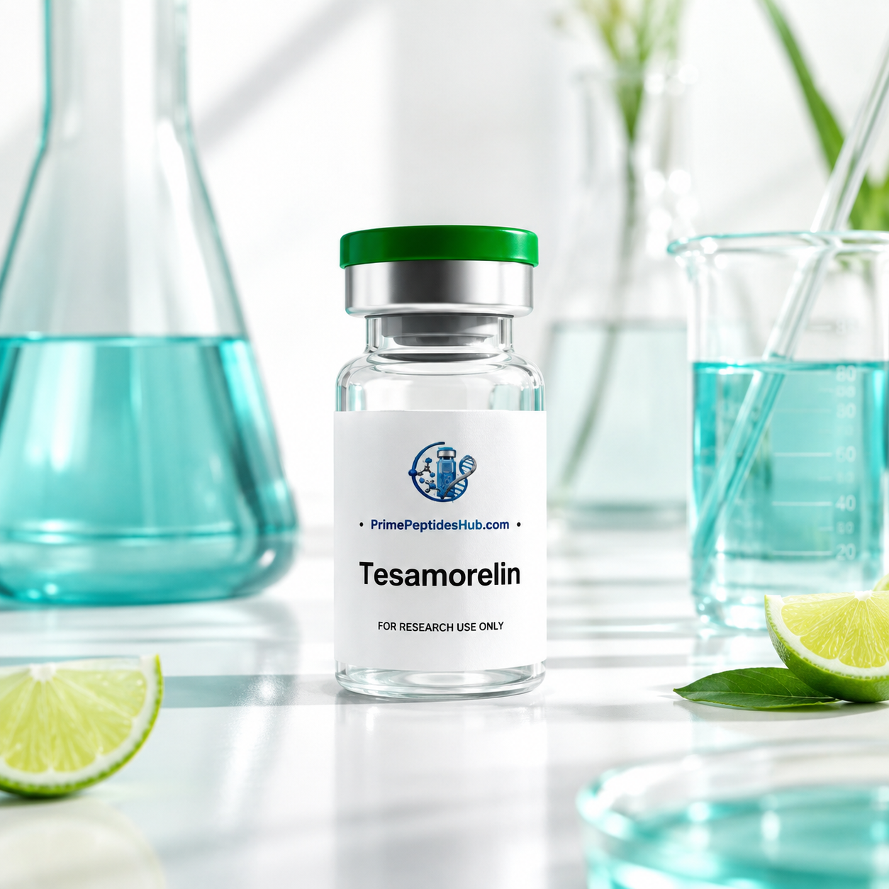 Tesamorelin 10 mg research peptide lyophilized vial from PrimePeptidesHub