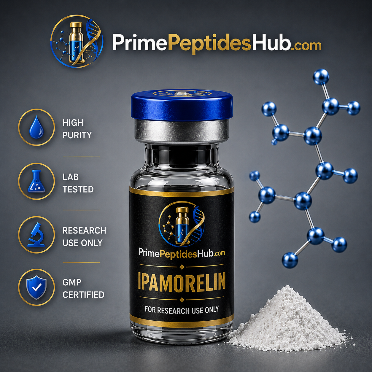 Ipamorelin 10 mg research peptide sealed vial from PrimePeptidesHub