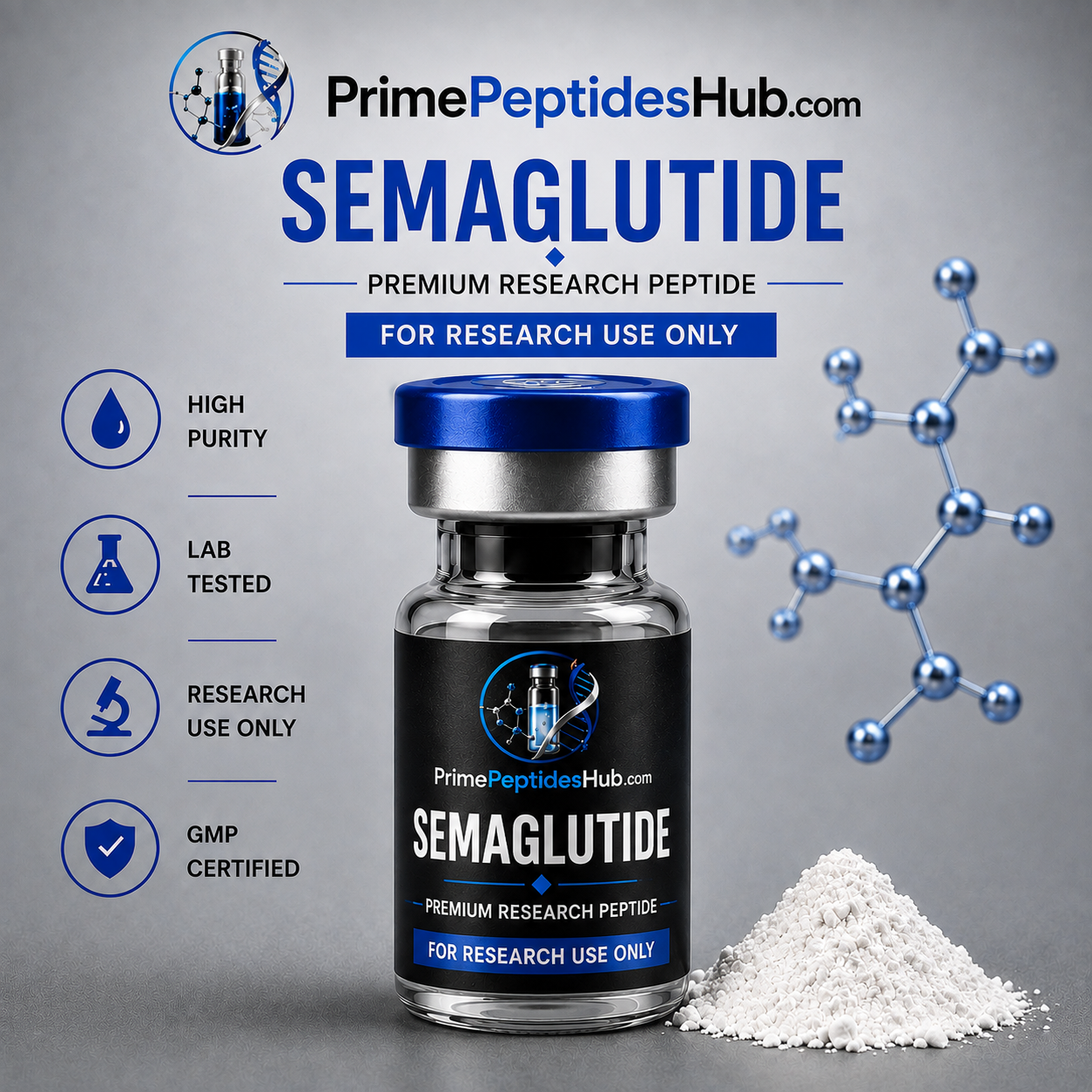 Semaglutide 30 mg research peptide lyophilized vial from PrimePeptidesHub